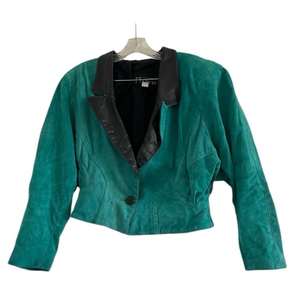 PHOENIX (Outerwear) Women's Teal/Black 80/90's Suede Short Leather Jacket-Size L